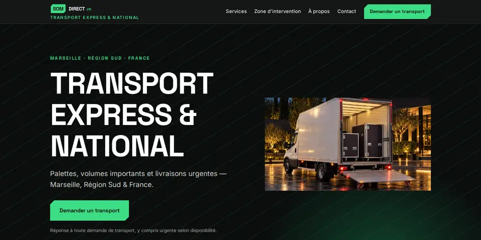 SOM Direct home page: “Transport express & national”, Marseille, Région Sud and France, with a truck, tail lift lowered.